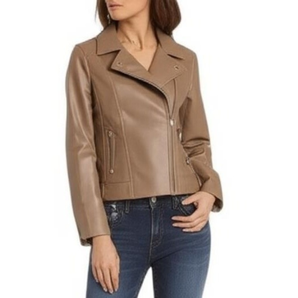 H&M Moto Jacket Women Size XS Brown Biker‎ Asymmetrical Notched Lapel Retro Edgy